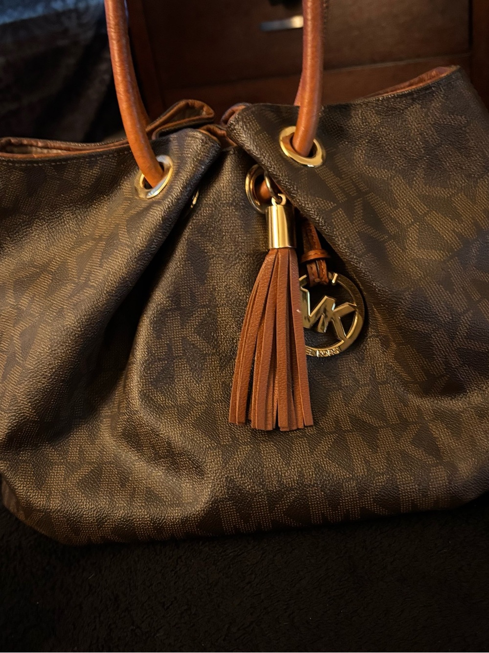 Michael Kors Dark Brown Logo Shoulder Bag with Tassel Charm hobo vintage bag